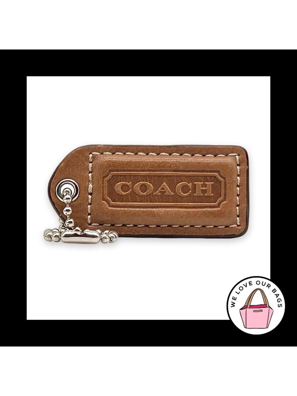 COACH Y2K VINTAGE Hang Tag 2" Brown Leather Nickel Bag Charm Keychain Fob Medium